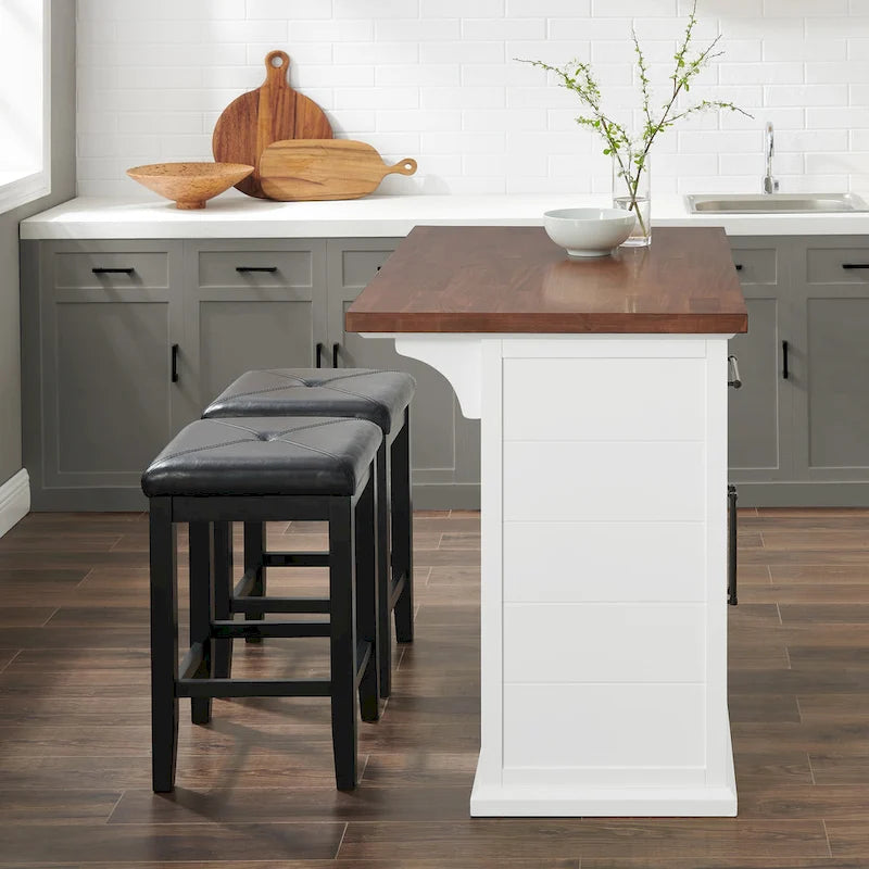 Îlot de cuisine plateau bois avec tabourets carrés rembourrés - 50p x 42l x 36h
