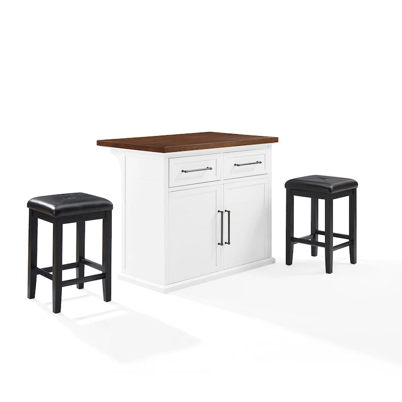 Îlot de cuisine plateau bois avec tabourets carrés rembourrés - 50p x 42l x 36h