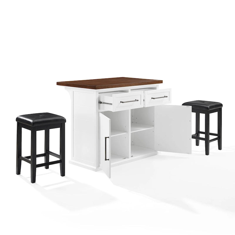 Îlot de cuisine plateau bois avec tabourets carrés rembourrés - 50p x 42l x 36h
