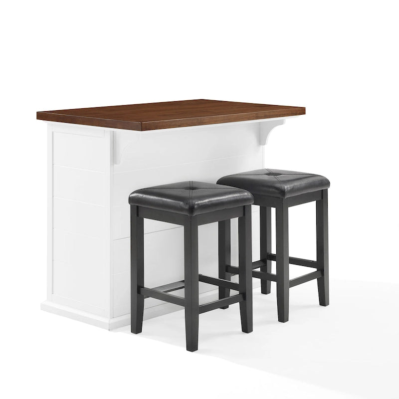 Îlot de cuisine plateau bois avec tabourets carrés rembourrés - 50p x 42l x 36h