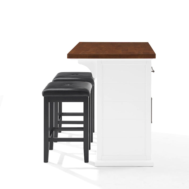 Îlot de cuisine plateau bois avec tabourets carrés rembourrés - 50p x 42l x 36h