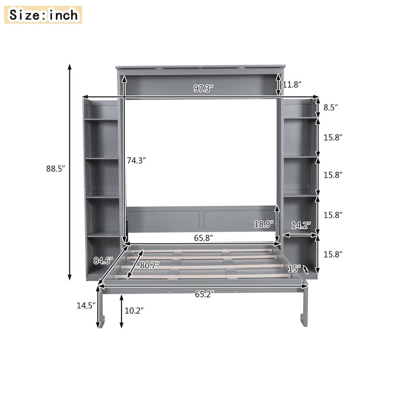 Lit escamotable Queen Size avec étagères et éclairage LED