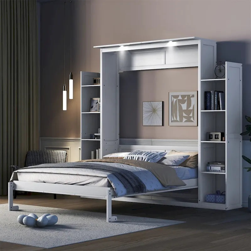 Queen Size Murphy Bed Wall Bed with Shelves and LED Lights