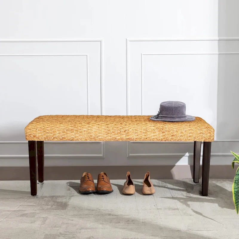 Solid Wood Natural Water Hyacinth Indoor Bench