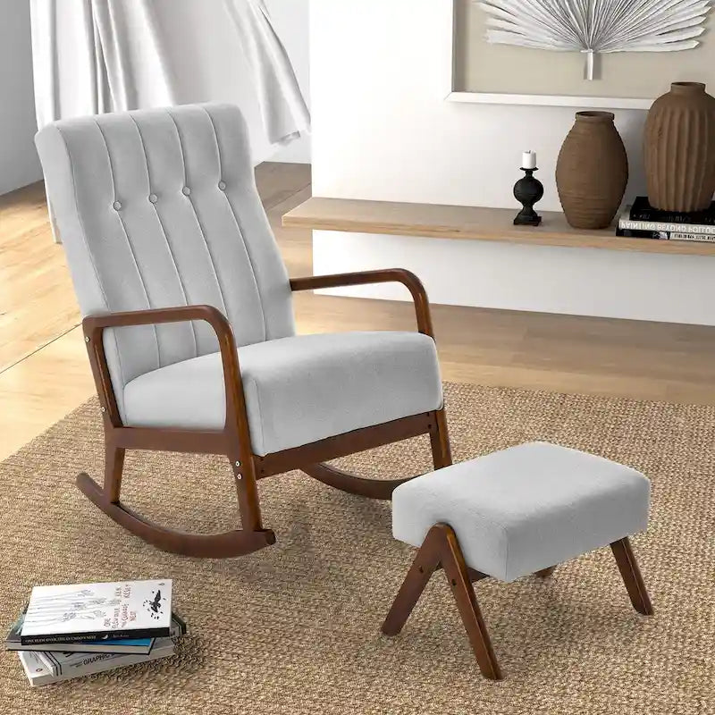 Fauteuil à bascule avec pouf en tissu rembourré planeur à bascule