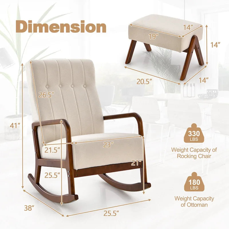 Fauteuil à bascule avec pouf en tissu rembourré planeur à bascule