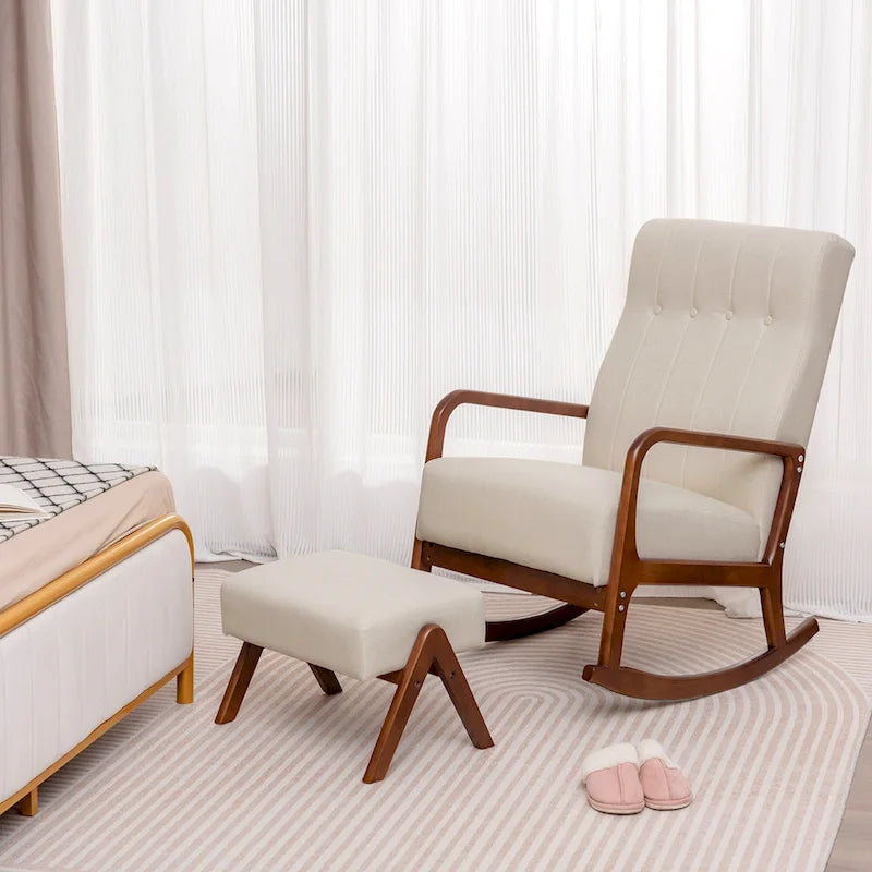 Fauteuil à bascule avec pouf en tissu rembourré planeur à bascule