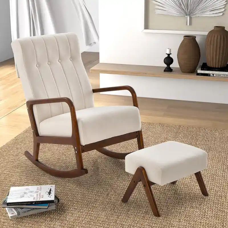 Fauteuil à bascule avec pouf en tissu rembourré planeur à bascule