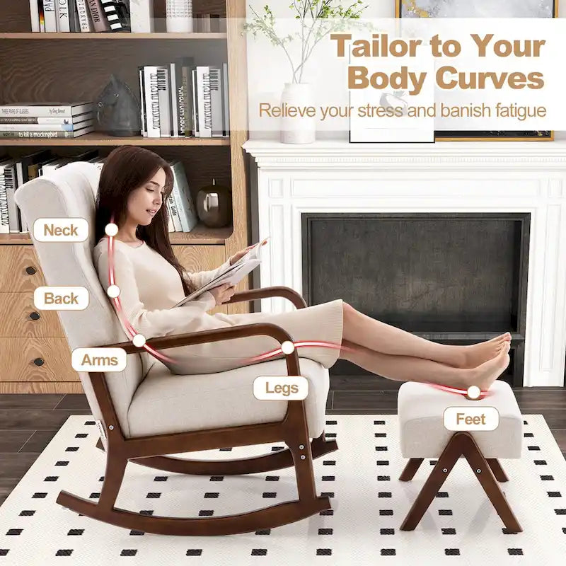Fauteuil à bascule avec pouf en tissu rembourré planeur à bascule