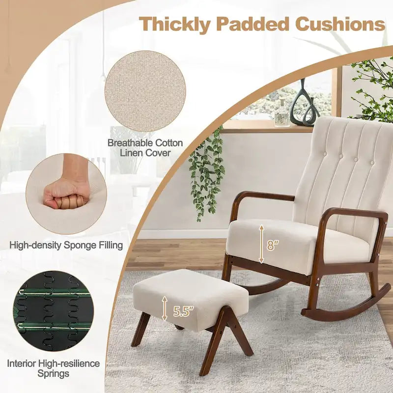 Fauteuil à bascule avec pouf en tissu rembourré planeur à bascule