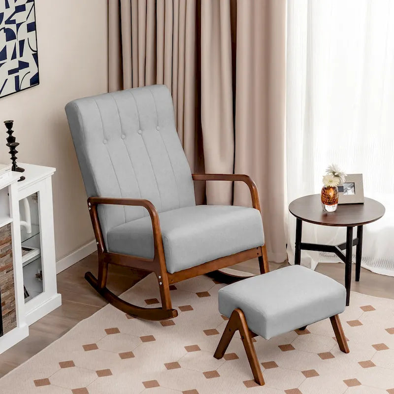 Fauteuil à bascule avec pouf en tissu rembourré planeur à bascule