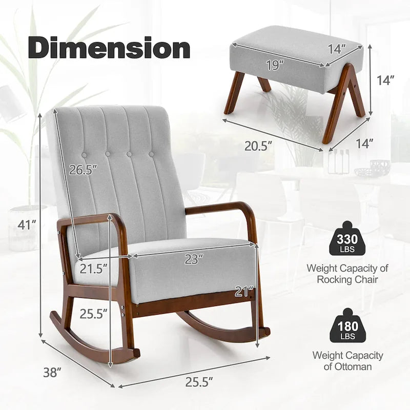 Fauteuil à bascule avec pouf en tissu rembourré planeur à bascule