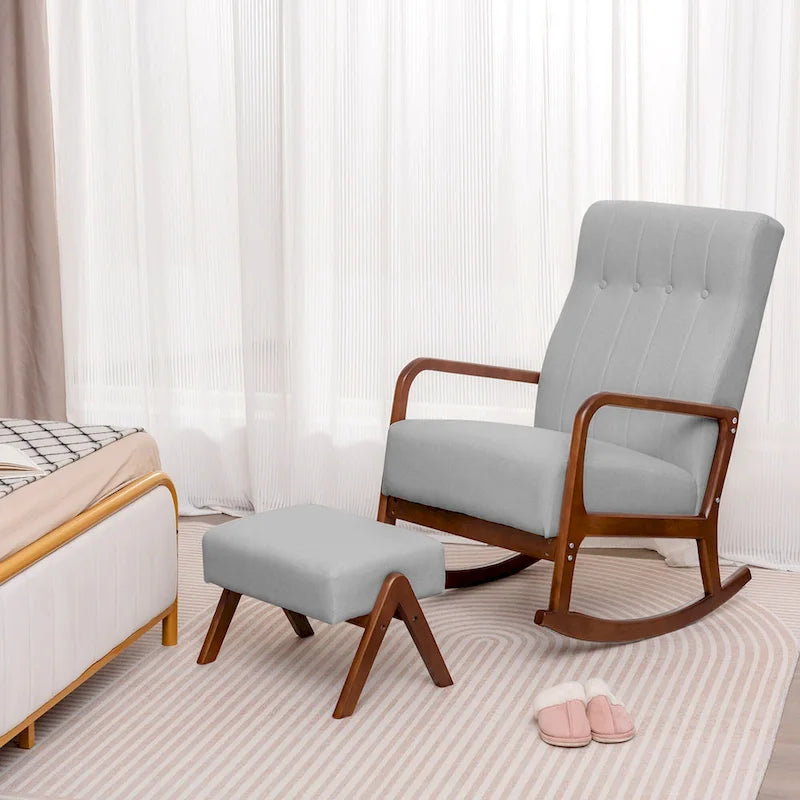 Fauteuil à bascule avec pouf en tissu rembourré planeur à bascule