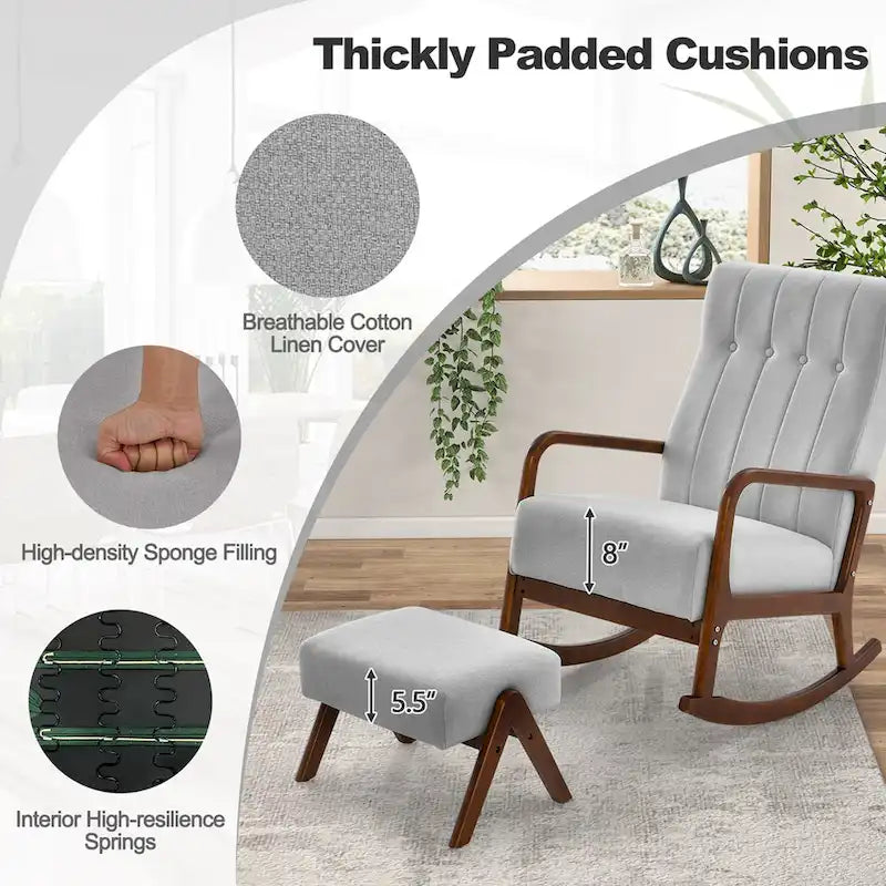 Fauteuil à bascule avec pouf en tissu rembourré planeur à bascule