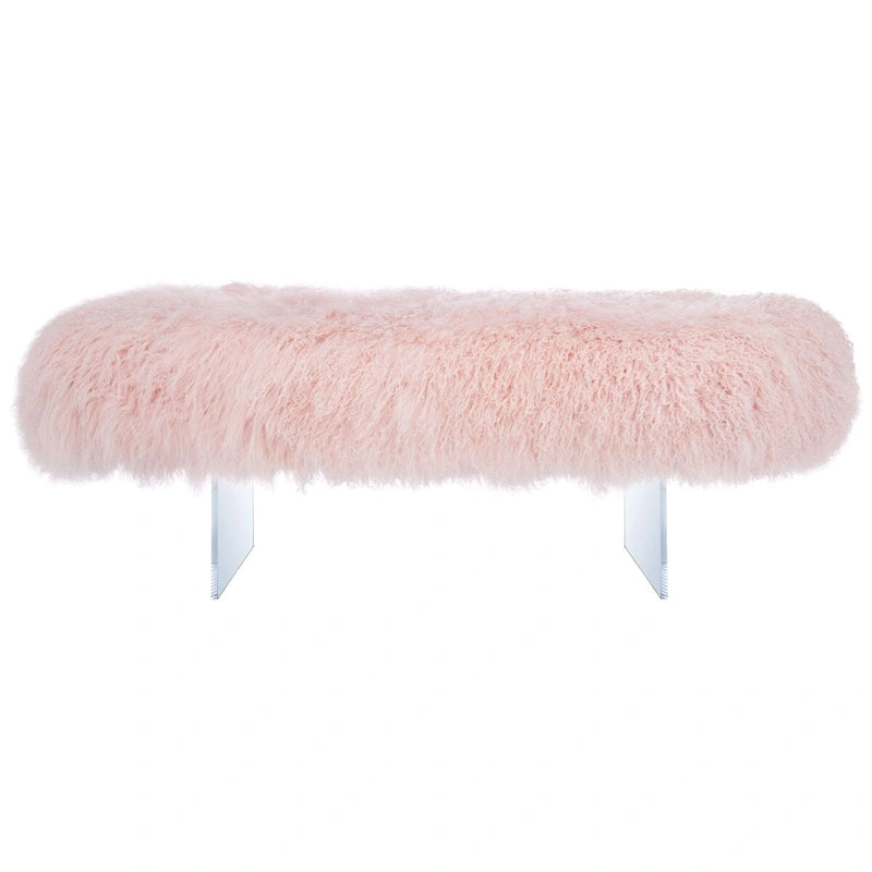 Modern Sheepskin Ottoman with Genuine Sheepskin and Clear Acrylic Legs
