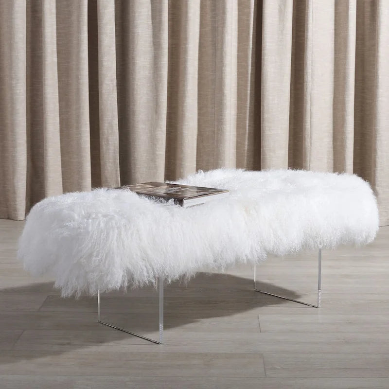 Ottoman moderne en peau de mouton véritable avec pieds en acrylique transparent