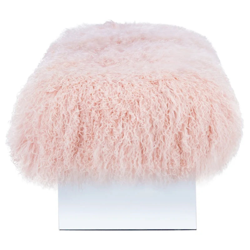 Modern Sheepskin Ottoman with Genuine Sheepskin and Clear Acrylic Legs