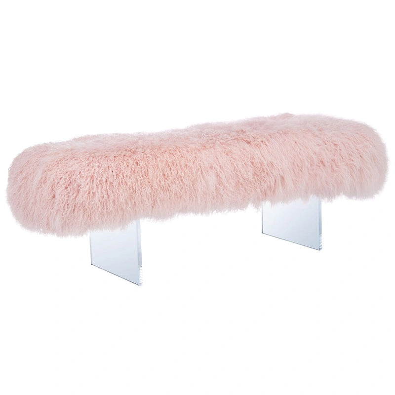 Ottoman moderne en peau de mouton véritable avec pieds en acrylique transparent