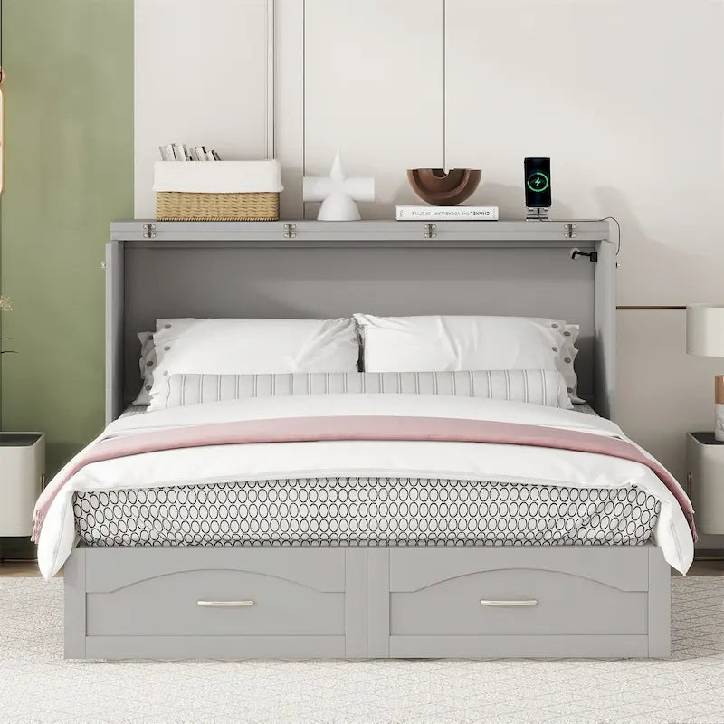 Lit escamotable Queen/Double avec tiroir, prises et ports USB
