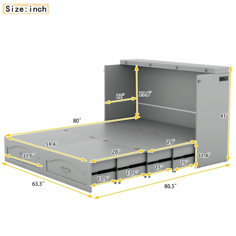 Queen/Full Size Murphy Bed with Drawer, Sockets & USB Ports