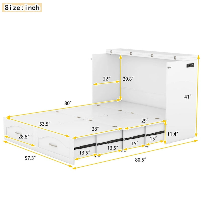 Lit escamotable Queen/Double avec tiroir, prises et ports USB
