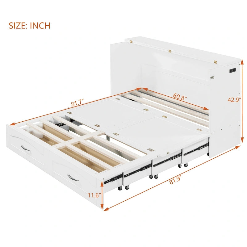 Lit escamotable Queen/Double avec tiroir, prises et ports USB