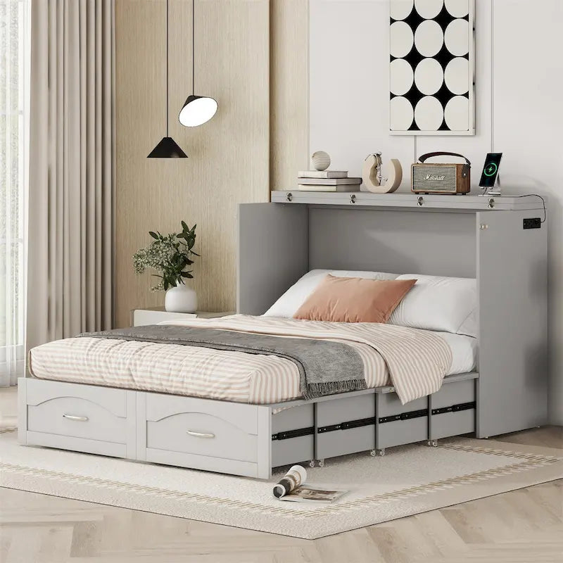 Lit escamotable Queen/Double avec tiroir, prises et ports USB