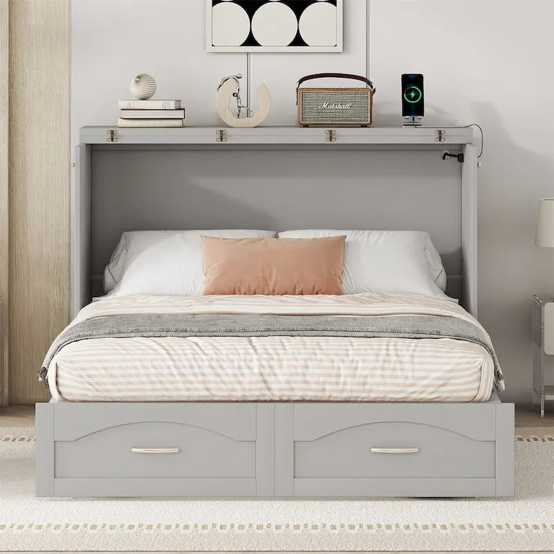 Lit escamotable Queen/Double avec tiroir, prises et ports USB