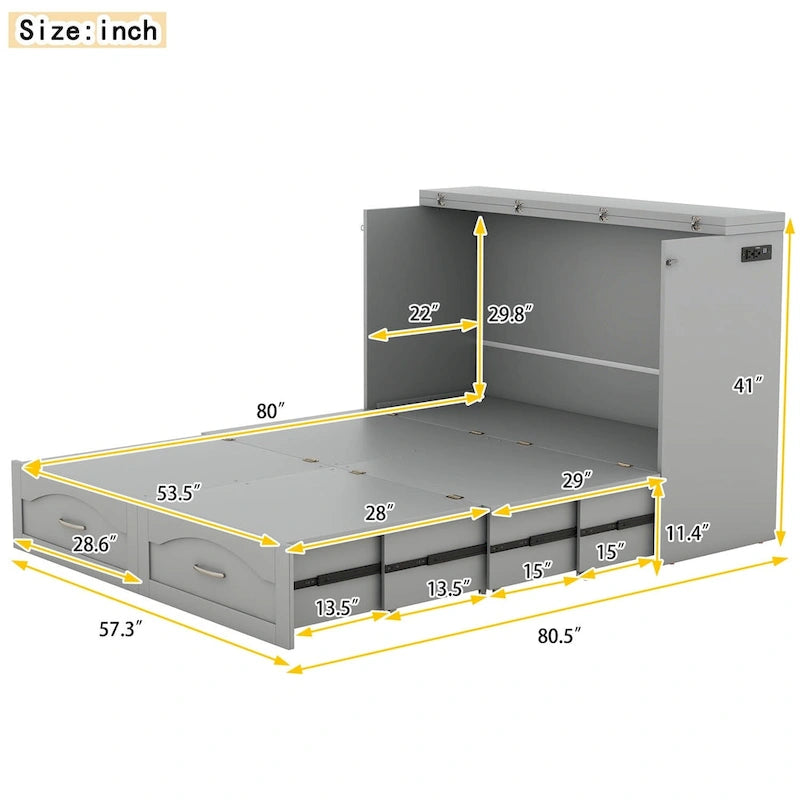 Lit escamotable Queen/Double avec tiroir, prises et ports USB