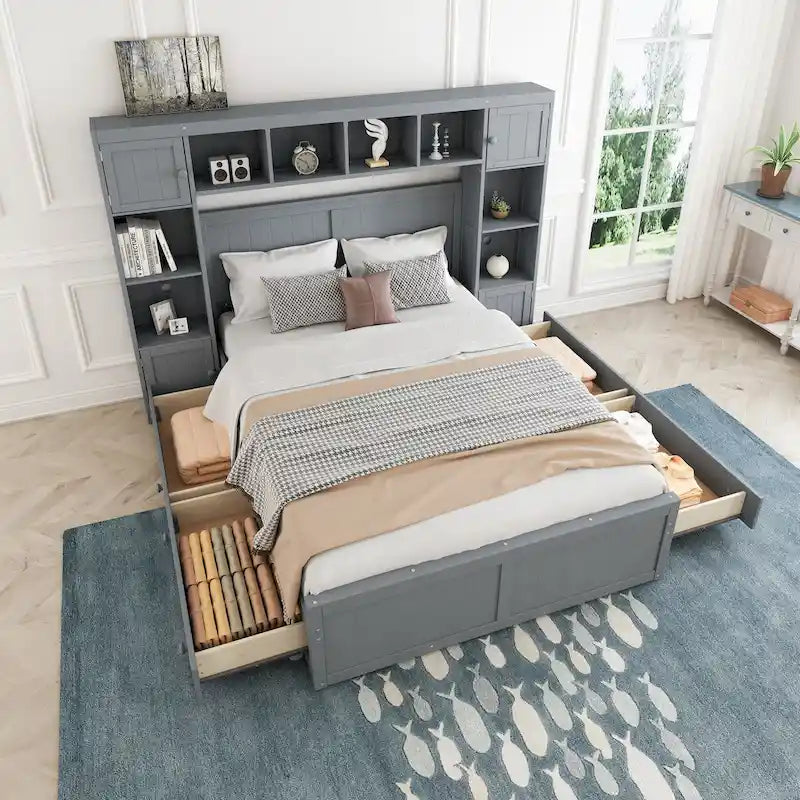 Lit en bois double avec armoire et étagère tout-en-un