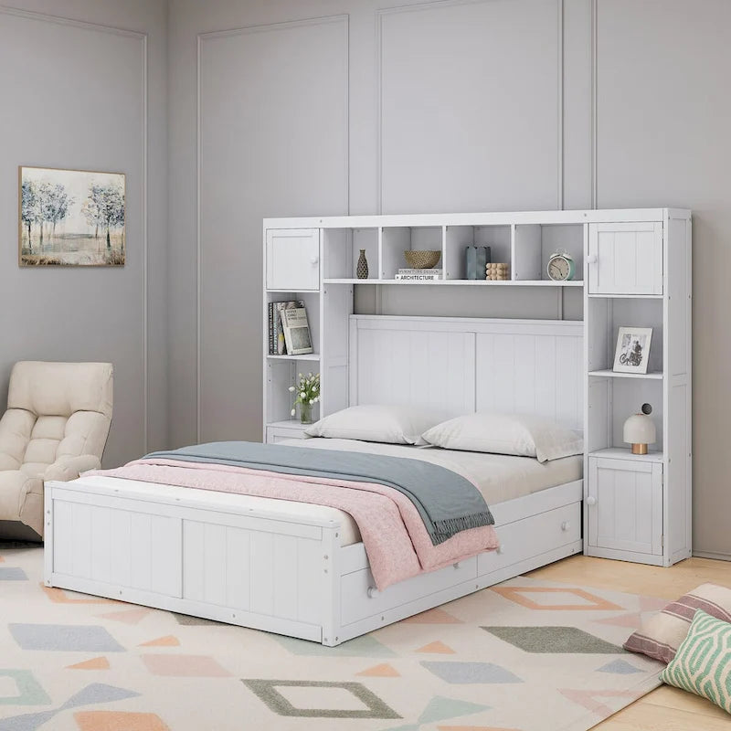 Full Size Wood Bed with All-in-One Cabinet and Shelf