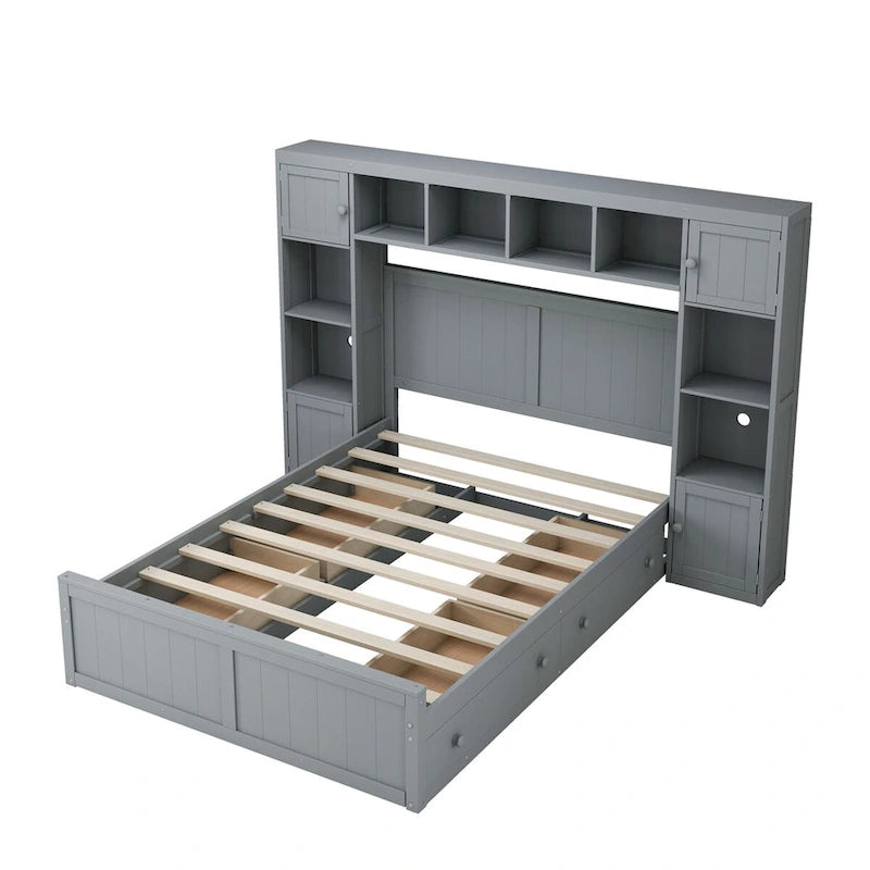 Lit en bois double avec armoire et étagère tout-en-un