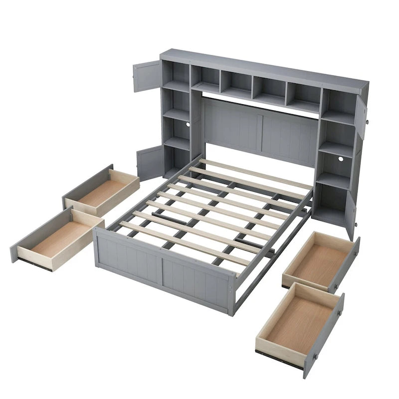 Full Size Wood Bed with All-in-One Cabinet and Shelf