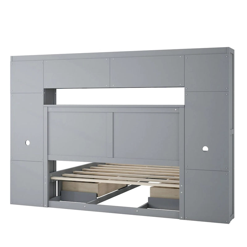 Lit en bois double avec armoire et étagère tout-en-un