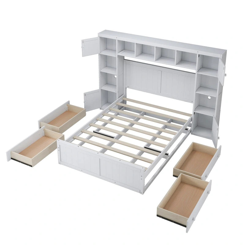 Lit en bois double avec armoire et étagère tout-en-un