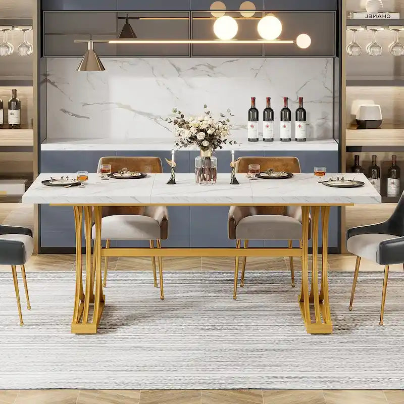 63 Modern Dining Table with Faux Marble Tabletop Golden Frame for Kitchen Dining Room