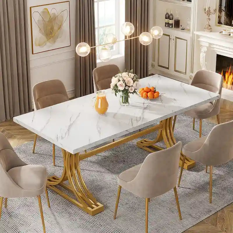 63 Modern Dining Table with Faux Marble Tabletop Golden Frame for Kitchen Dining Room