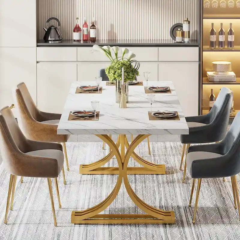 63 Modern Dining Table with Faux Marble Tabletop Golden Frame for Kitchen Dining Room