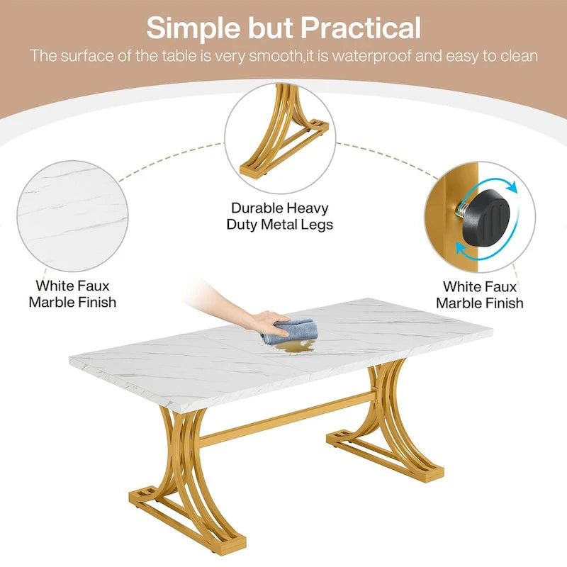 Table à manger moderne de 63 pouces avec plateau en similicuir marbre et cadre doré pour cuisine et salle à manger