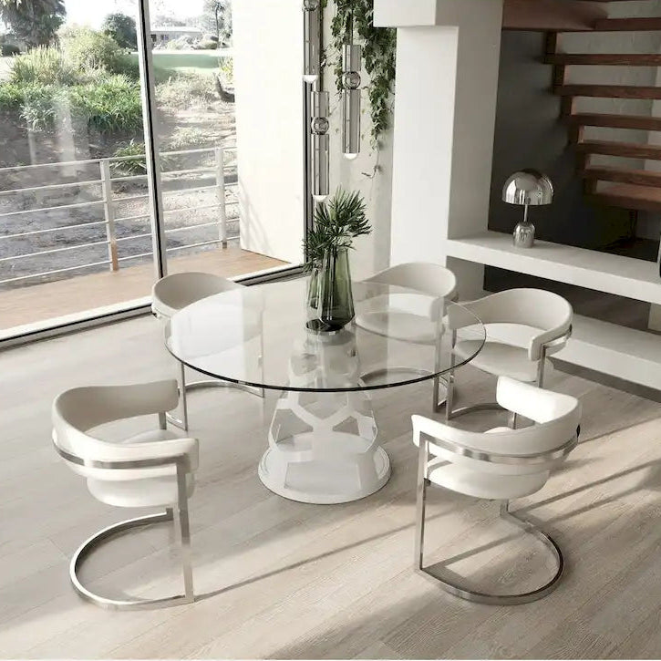 Modrest Lilly Modern 12mm Round Glass & White Dining Table