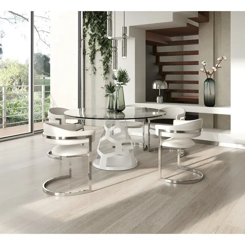 Modern 12mm Round Glass & White Dining Table