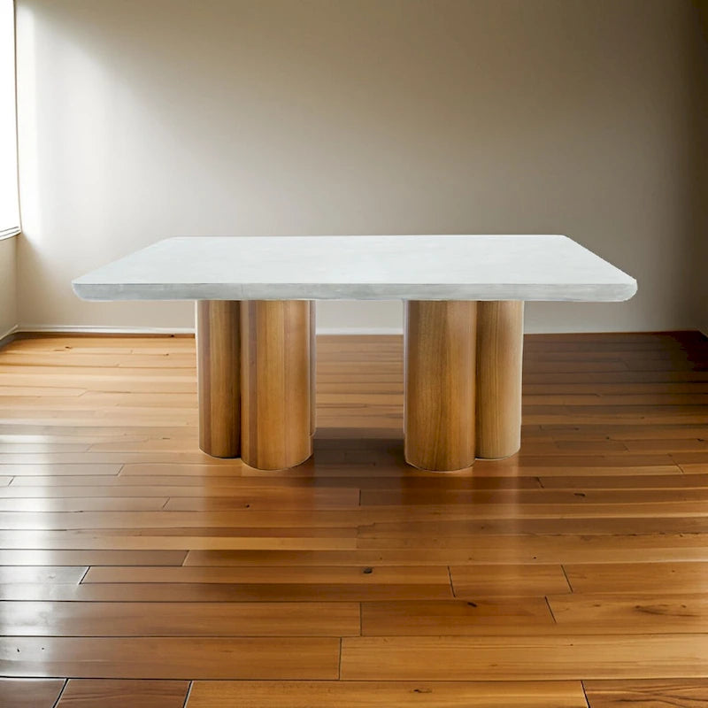 Table à manger de 180 cm, rectangulaire, en faux béton gris, avec pied central