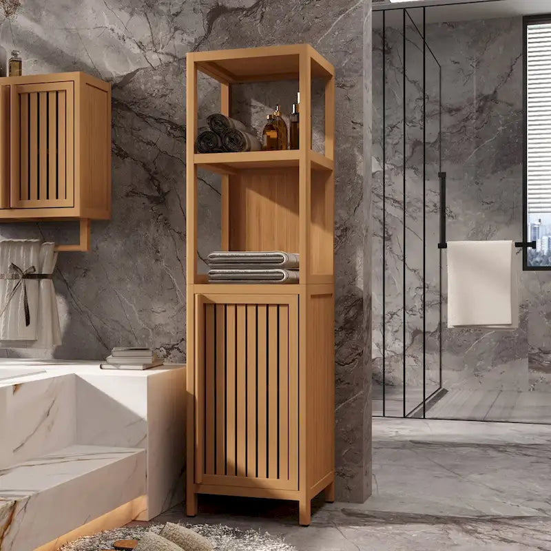 52 Tall Wood 1-Door Bathroom Cabinet in Natural with Open Shelf