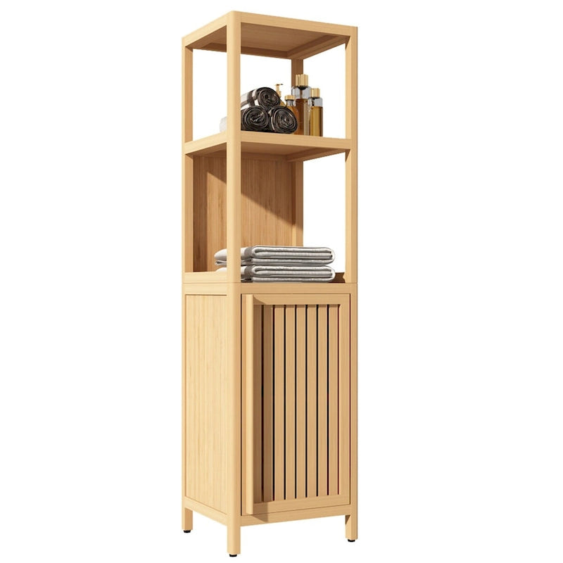 52 Tall Wood 1-Door Bathroom Cabinet in Natural with Open Shelf