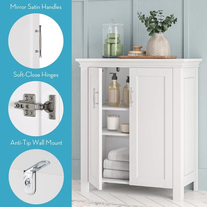 Two-Door Bathroom and Laundry Storage Cabinet with Adjustable Shelf - White
