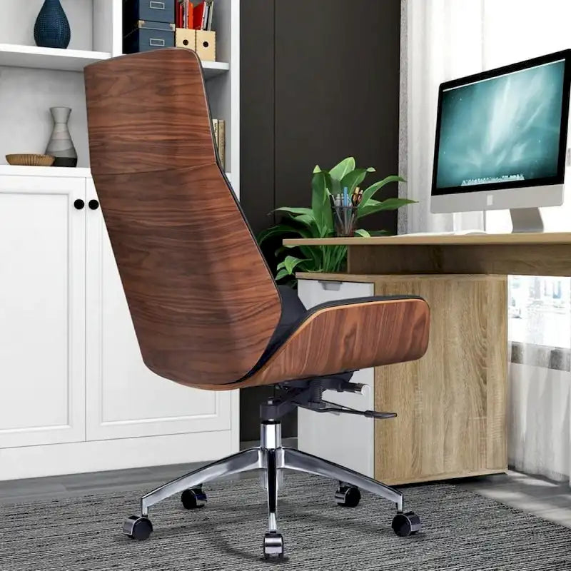 Fauteuil de bureau de direction haut dossier en cuir véritable et bois de noyer massif